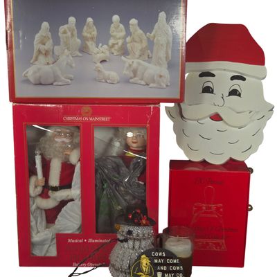 An Assortment of Vintage Holiday Decor and Collectibles Including Madison Avenue Nativity and Christmas on Mainstreet Animated Figures