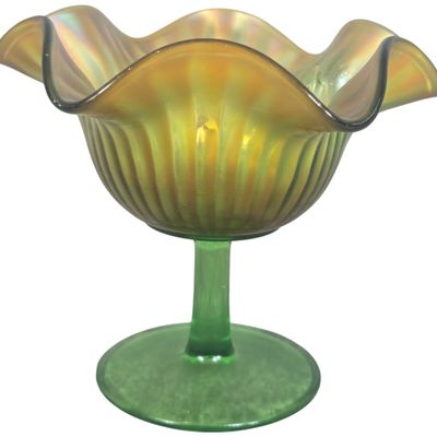 Northwood Green Carnival Glass Fine Rib Ruffled Compote