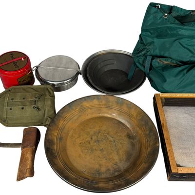 An Assortment of Vintage Gold Prospecting and Outdoor Camping Equipment Including Phoebus Stove and Official Boy Scouts Mess Kit