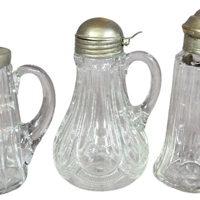 Three Antique Pressed Glass Syrup Pitchers with Metal Lids