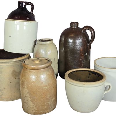 A Collection of Seven Antique and Vintage American Stoneware Crocks, Jugs, and Jars