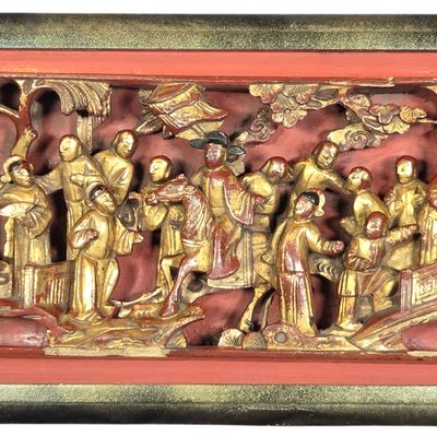 Chinese Gilt and Red Lacquer Deep Relief Carved Wood Panel