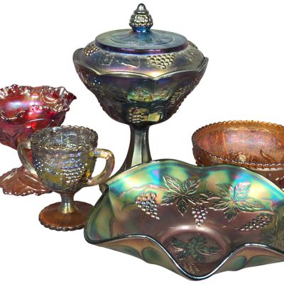 A Collection of American Iridescent Carnival Glass Tableware Including Indiana Glass Harvest Grape