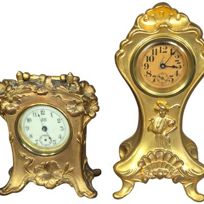 Two American Art Nouveau Gilt Metal Mantel Clocks by Benedict and Jennings Brothers