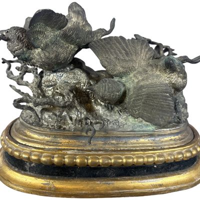 Villerot Silvered Metal Sculpture of Game Birds on Gilded Base