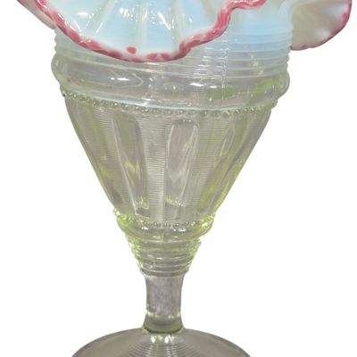 Jefferson Glass Fluted Bars and Beads Uranium Opalescent Compote with Cranberry Rim