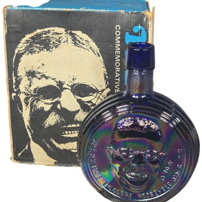 Wheaton Presidential Series Theodore Roosevelt Cobalt Blue Iridescent Glass Commemorative Decanter with Original Box