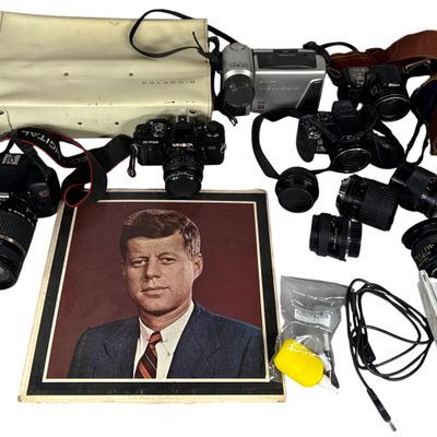 A Collection of Digital and Vintage Film Cameras, Lenses, Tripod, and JFK Memorial Record Album