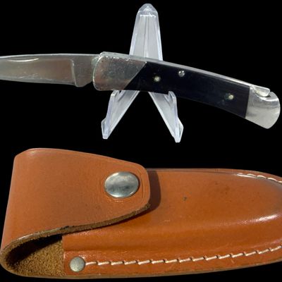 Vintage Buck 501 Micarta Squire Folding Lockback Knife and Leather Sheath