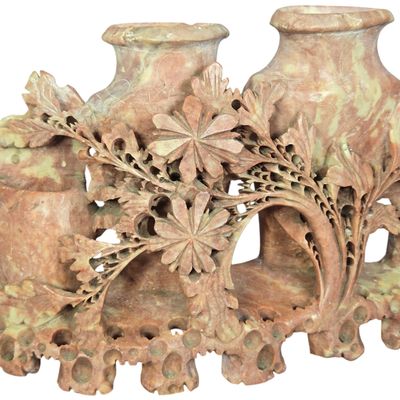 Chinese Carved Mottled Soapstone Triple Vessel Vase