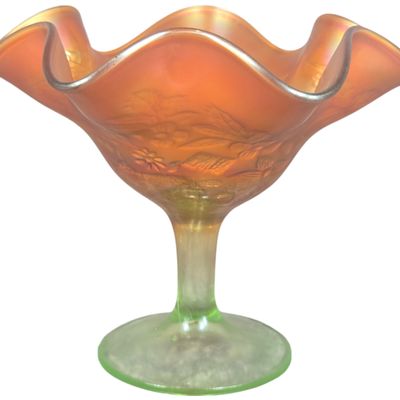 Fenton Marigold Carnival Glass Peacock at the Urn Uranium Glass Compote
