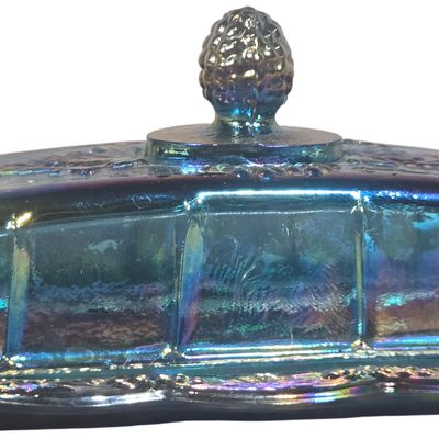 Indiana Glass Harvest Grape Pattern Blue Carnival Glass Covered Butter Dish
