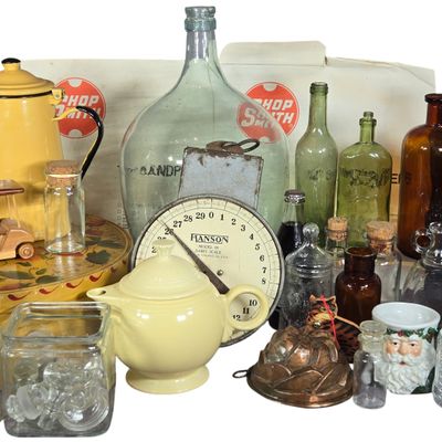An Assortment of Vintage Household, Advertising, and Industrial Collectibles featuring a Hanson Dairy Scale
