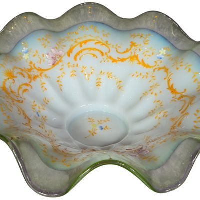 Victorian Uranium Opalescent Glass Bride's Bowl with Hand Enameled Floral Decoration