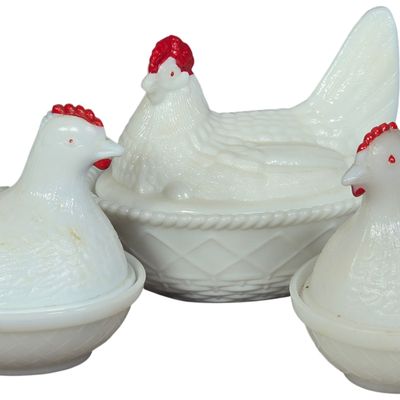 A Trio of Westmoreland White Milk Glass Hen on Nest Covered Dishes