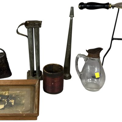 A Collection of Antique Hearth Household and Early Electrical Items Including a Barbershop Photograph