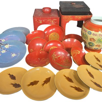 An Assortment of Japanese Decorative Arts Including Satsuma Style Porcelain and Urushida Ryukyu Lacquerware