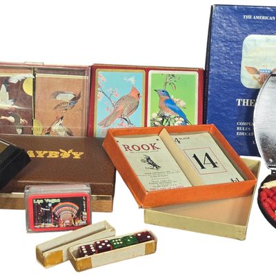 A Collection of Vintage Tabletop Games and Specialty Playing Cards Including Parker Brothers and Brown and Bigelow