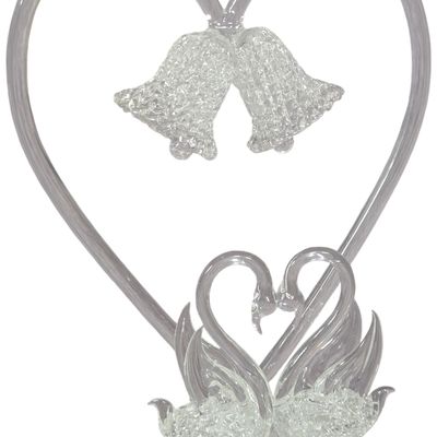 Hand Blown Lampworked Clear Glass Wedding Cake Topper with Doves and Spun Glass Bells