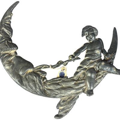 Cast Metal Art Nouveau Style Man in the Moon and Cherub Wall Plaque
