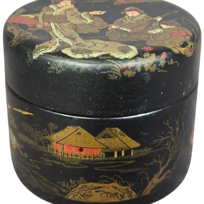 Japanese Black Lacquer Papier Mache Lidded Box with Figural and Warrior Scenes