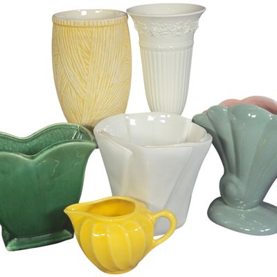 An Assortment of Six Ceramic Vases and a Creamer Including Wedgwood and McCoy