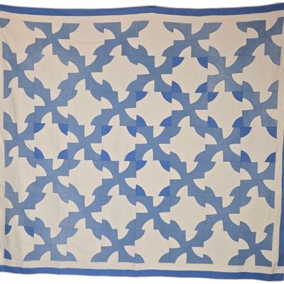 Two-Color Blue and White Hand-Quilted Winding Ways Pattern Cotton Quilt