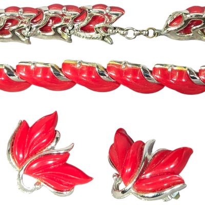 Kramer of New York Red Thermoset and Silver-Tone Leaf Necklace and a Pair of Earrings