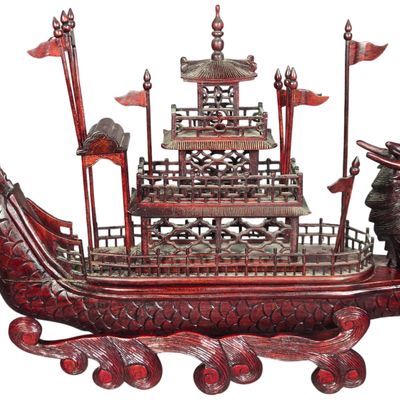 Large Chinese Carved Hardwood Dragon Boat Model on Wave Base