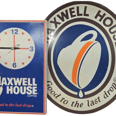 Two Maxwell House Coffee Advertising Pieces Including a Wall Clock and Circular Metal Sign