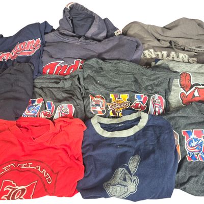 A Collection of 10 Cleveland and Ohio Sports Apparel Items Including Chief Wahoo Hoodies and T-Shirts