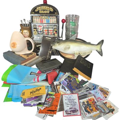 An Assortment of Vintage Novelty Items, Automotive Memorabilia, and Printed Ephemera