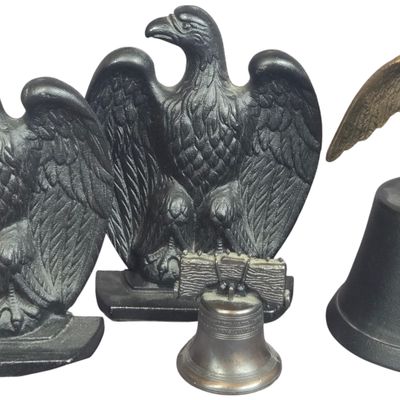 Set of 4 Patriotic Metal Decorative Items Including Emig Cast Iron Eagle Bookends and Bells
