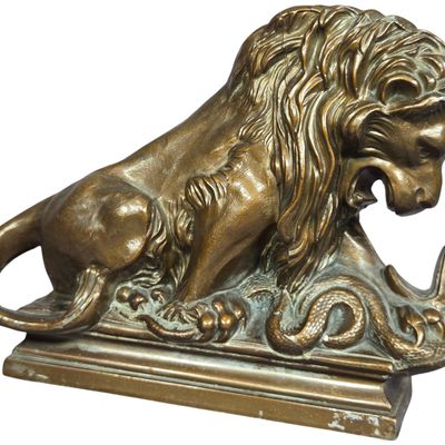 Cast Metal Lion and Serpent Sculpture