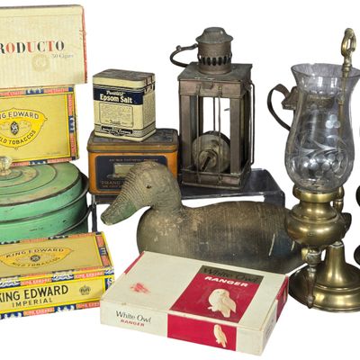 An Assortment of Vintage Americana Including Advertising Tins, Cigar Boxes, and Decorative Household Items