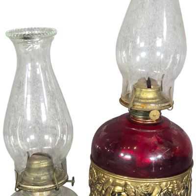 Two Non-Electric Table Oil Lamps Including an English Brass and Red Glass Example