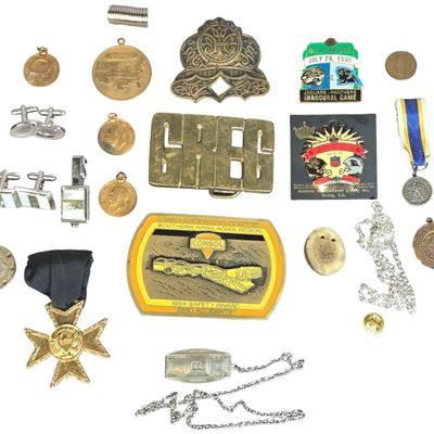 An Assortment of Miscellaneous Collectibles and Personal Accessories Including 1995 NFL Inaugural Game Pins and Industrial Belt Buckles