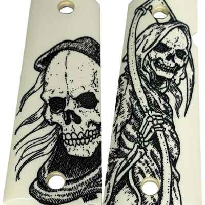 A Pair of Hogue Scrimshaw Polymer Grim Reaper 1911 Grips
