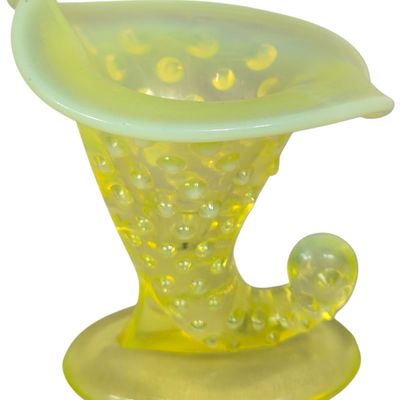 Fenton Topaz Opalescent Hobnail Uranium Glass Cornucopia Vase