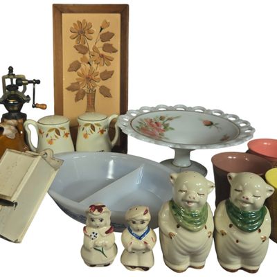 A Collection of Vintage Kitchenalia and Decorative Items Including Glasbake Milk Glass and Japanese Ceramics