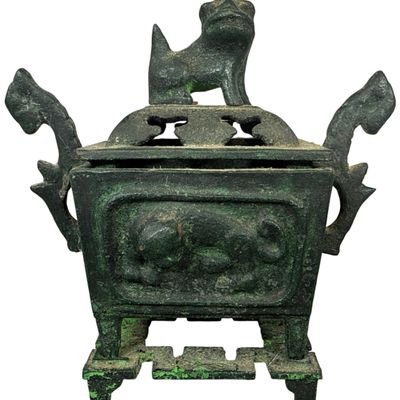 Chinese Bronze Rectangular Shakyasimha Censer with Seated Lion Finial