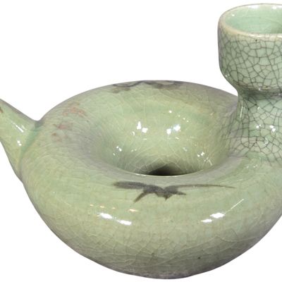Celadon Glazed Torus Shaped Oil Lamp with Underglaze Decoration