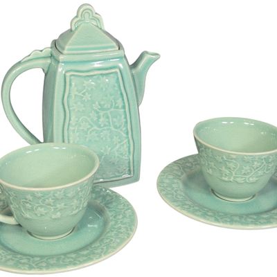 A Five-Piece French JMY Ceramic Tea Set in Ivy Pattern