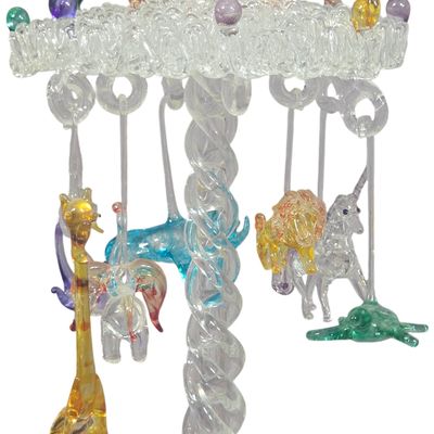 Miniature Hand-Blown Spun Glass Carousel Figurine with Multi-Colored Animals