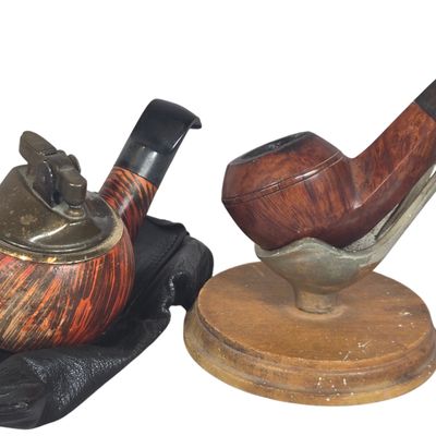 A Collection of Vintage Smoking Accessories Including John Redman Pipe and Dunhill Leather Pouch, pipe lighter