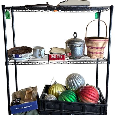 Collection of Vintage Household Goods, Militaria, Ephemera, and Collectibles (Shelf/cart not included)