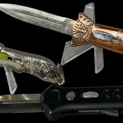 Three OTF Automatic Knives Including Solo Eagle Warrior and Lion Head Models