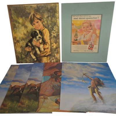 A Collection of Vintage Decorative Prints and Advertisements Featuring M. Caroselli, V.H. Sharp, and C. Mitchell