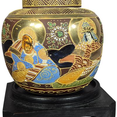 Japanese Satsuma Moriage Earthenware Ginger Jar with Original Lid and Stand