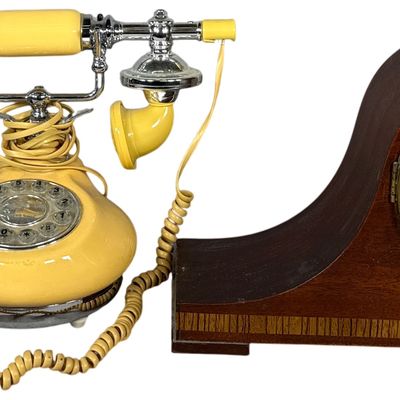 A Trio of Vintage Household Items Including a Seth Thomas Lynton-2W Mantel Clock and Desk Telephones